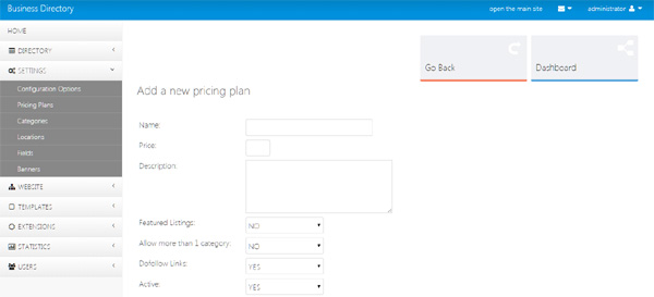 the form for adding new pricing plans in the administration panel business directory php script