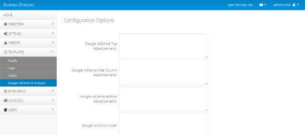 adding google adsense and google analytics in the admin panel business directory php script