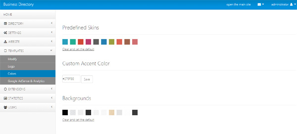 colors page in the admin panel business directory php script