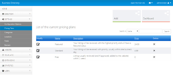 managing the pricing plans from the admin panel business directory php script