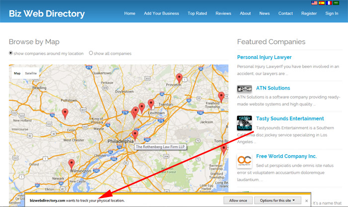 showing companies around the user's location business directory php script