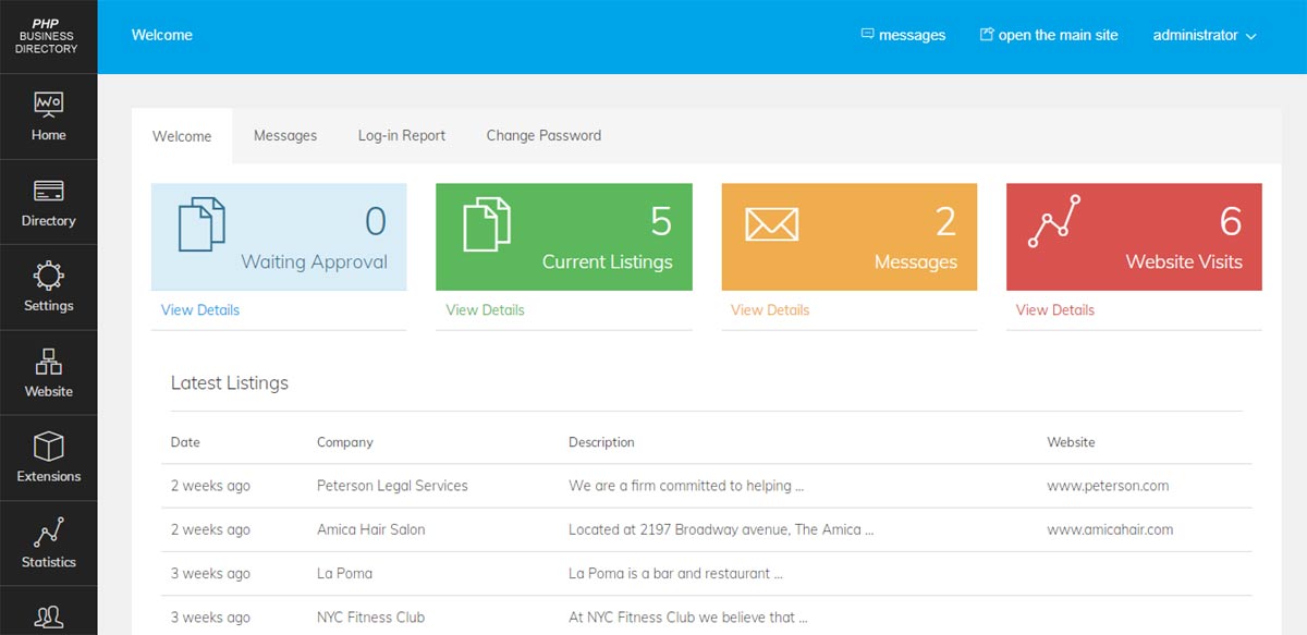 administration panel for business directory script