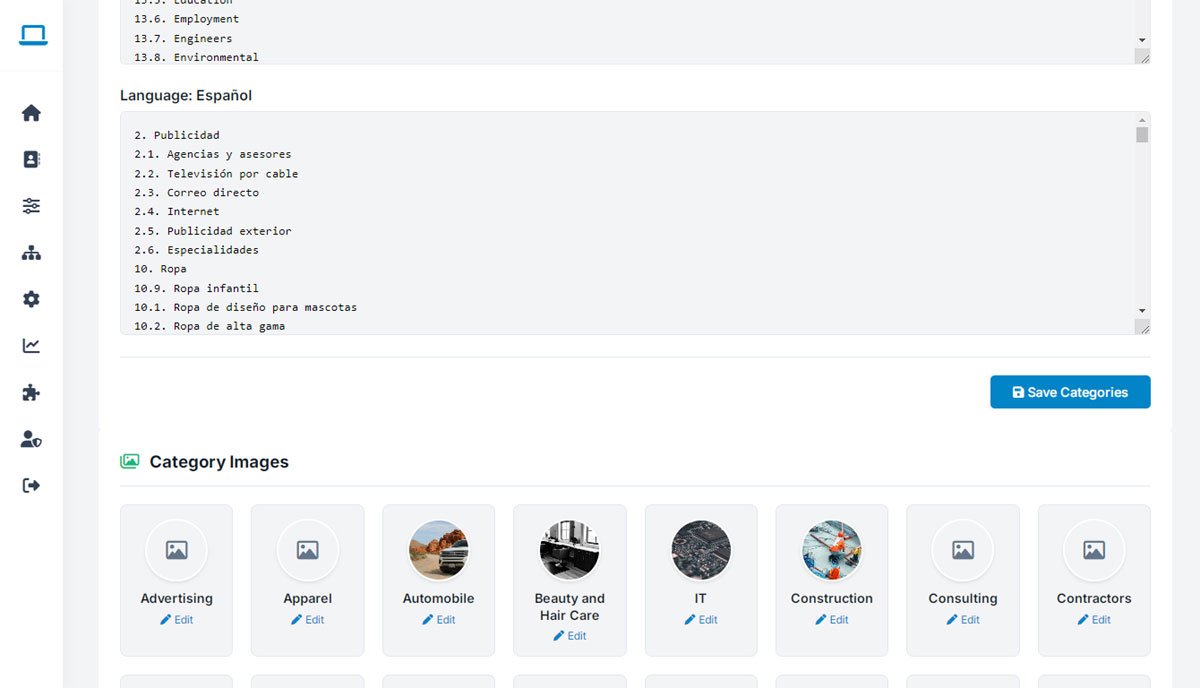 php business directory feature: manage categories and visual thumbnails in every language you serve