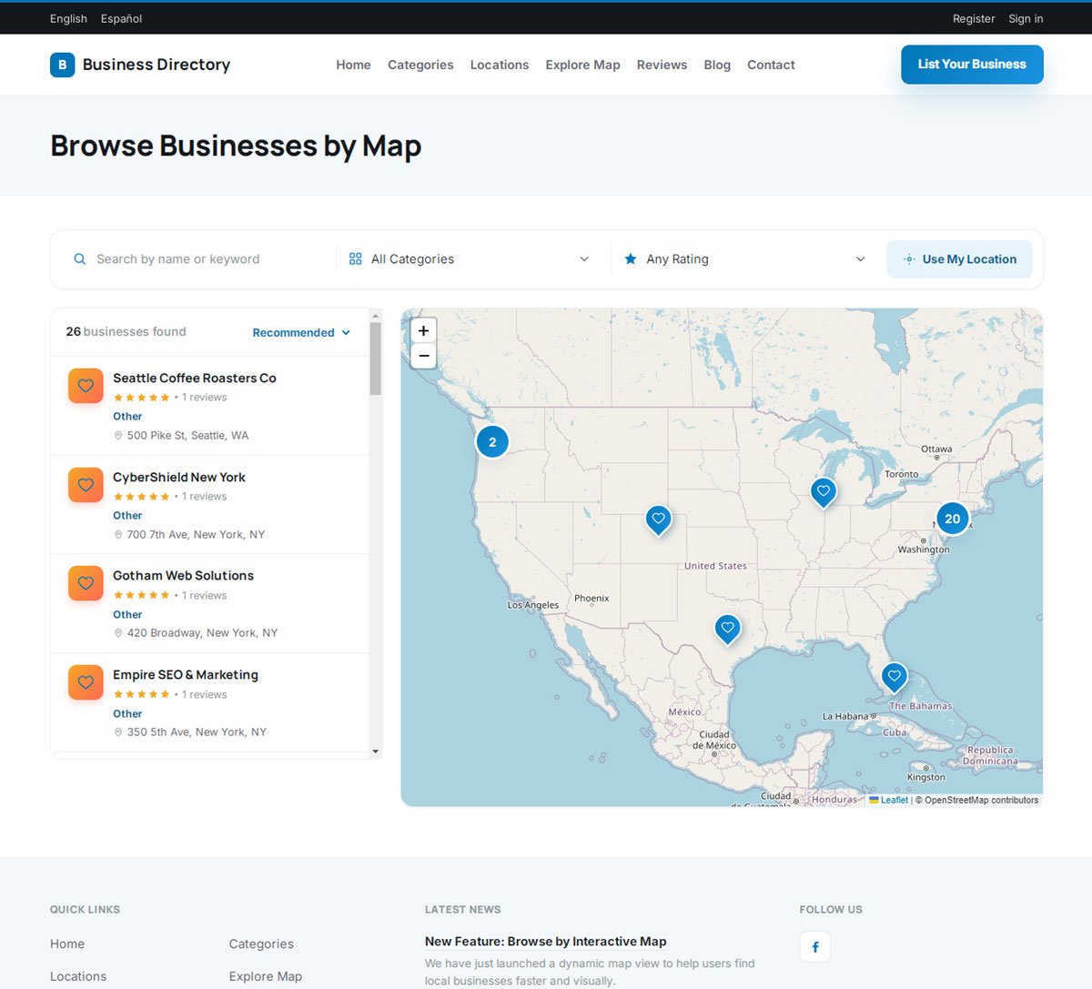 php business directory feature: interactive map search with one-click "near me" discovery