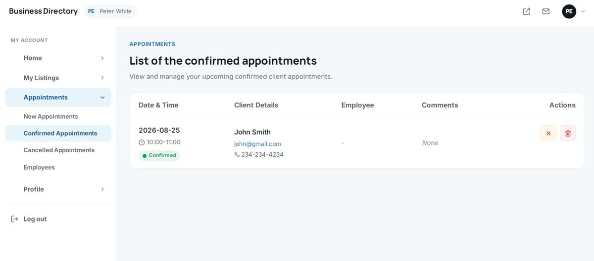 php business directory feature: a vendor-side booking manager for every confirmed appointment