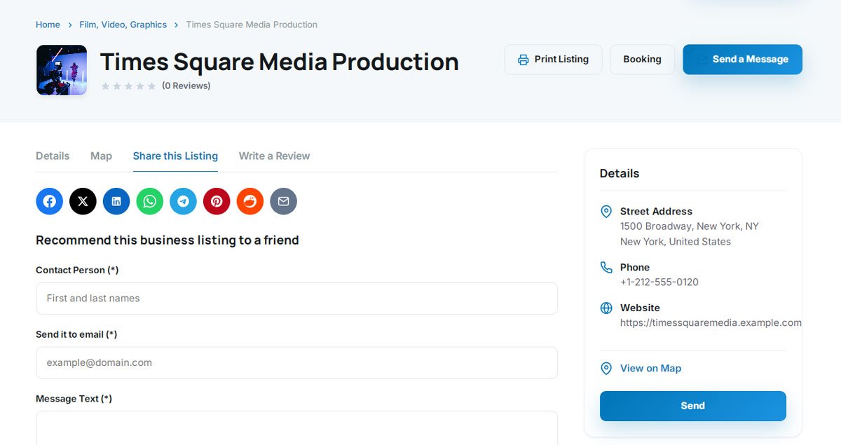 php business directory feature: business profile pages designed to get vendors contacted