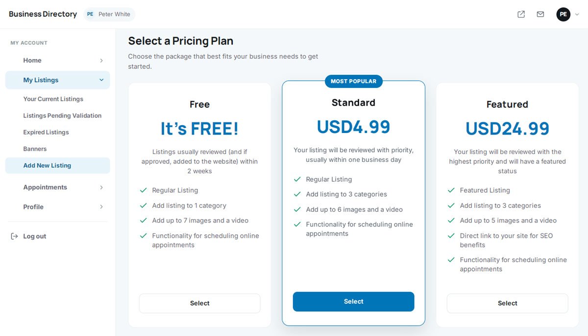 php business directory feature: a pricing table vendors see the moment they're ready to upgrade