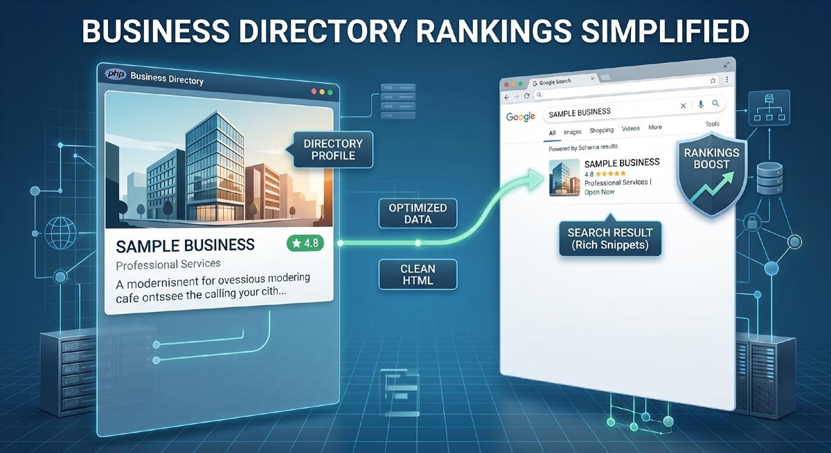 php business directory feature: local seo built in: clean urls, schema markup, and xml sitemaps