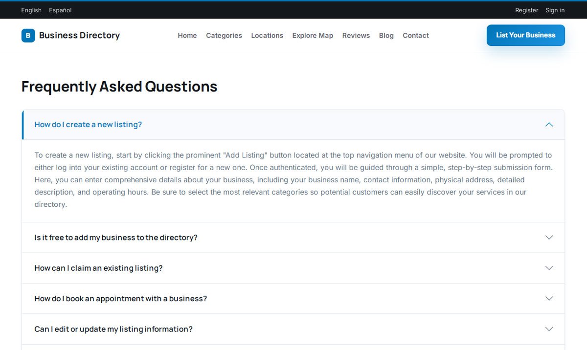 php business directory feature: a self-service faq that answers questions before support has to
