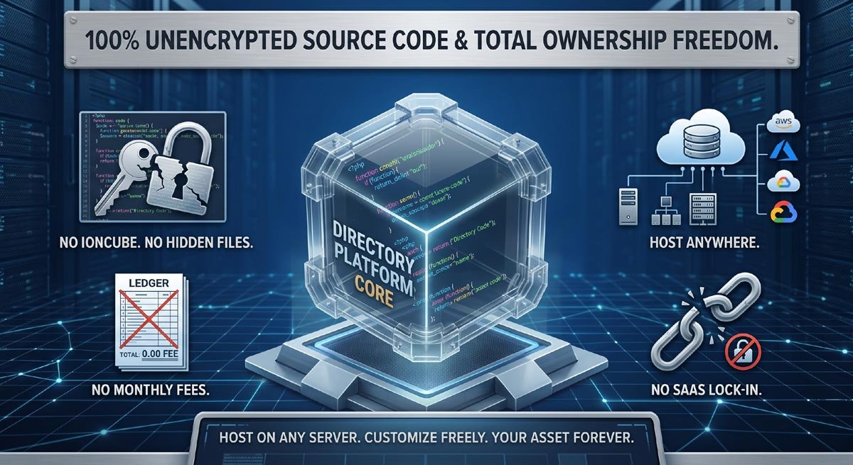 php business directory feature: 100% unencrypted source code — you own the business, not a subscription