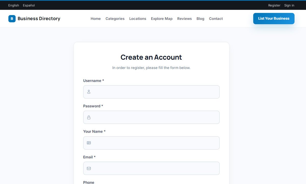 php business directory feature: registration built for one thing: getting people signed up
