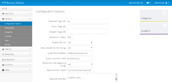 configuration options in the admin panel business directory php script