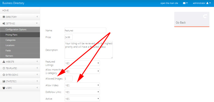 setting multiple images or videos for the business listing packages business directory php script