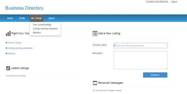 dashboard of the users admin panel business directory php script